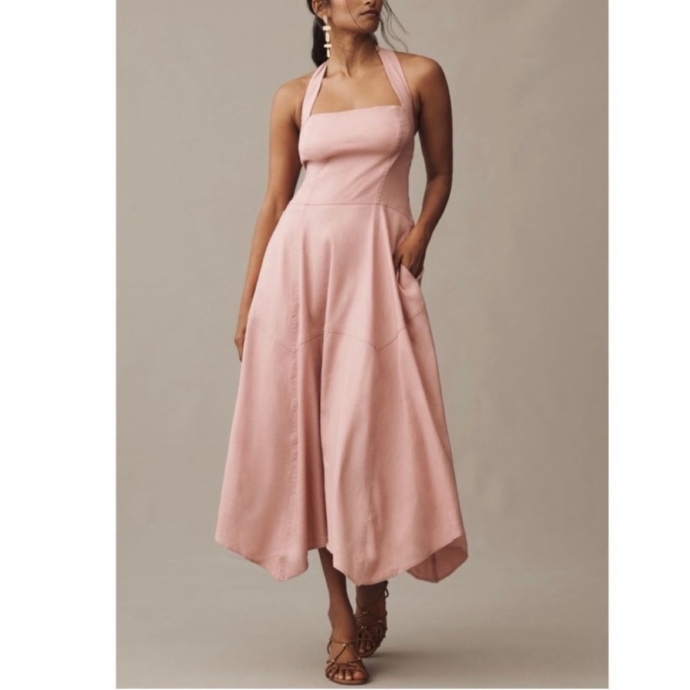 By Anthropologie Mauve Pink Stretch
Linen Halter Midi Dress/ Size XL/ Color Pink